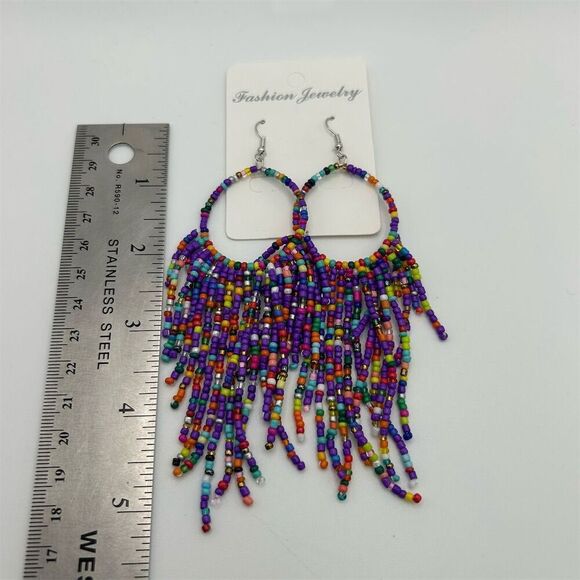 Bohemian Seed Beaded Purple Tassel Fringe Pierced Long Dangle Earrings - Picture 3 of 5
